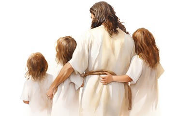Jesus Christ with children isolated on white background, watercolor illustration. © hungryai