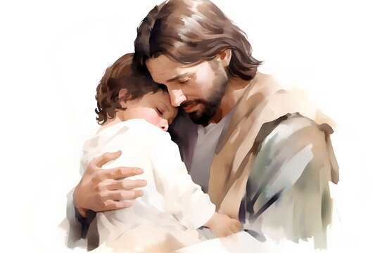 Watercolor illustration of Jesus and Mary with baby Jesus in his arms
