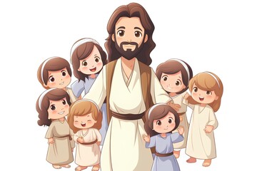 Jesus Christ with his family. Cartoon vector illustration isolated on white background.