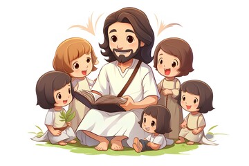 Cartoon vector illustration of Jesus Christ with his family on white background