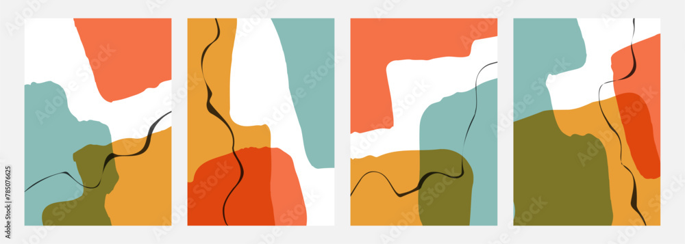 Poster Set of abstract backgrounds with various curved bright colored shapes and black wavy lines for creative graphic design. Vector illustration.