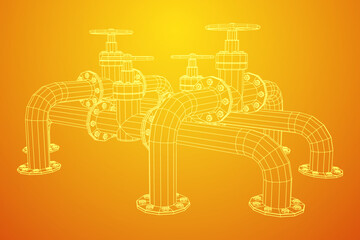 Oil pipeline with valve. Petrol production. Petroleum fuel industry transportation line. Wireframe low poly mesh vector illustration