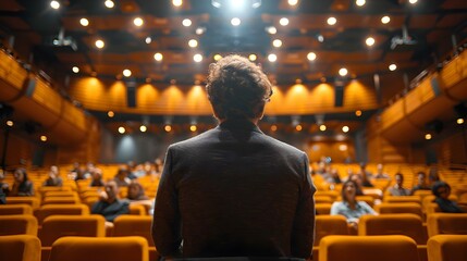Eloquence in the Spotlight: Speaker at Modern Auditorium. Concept Presentation Skills, Public Speaking Techniques, Engaging the Audience, Presentation Enhancements
