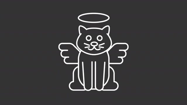 Pet memorial white line animation. Animated angel cat with halo icon. Funeral service. Pet loss. Pet afterlife. Isolated illustration on dark background. Transition alpha video. Motion graphic