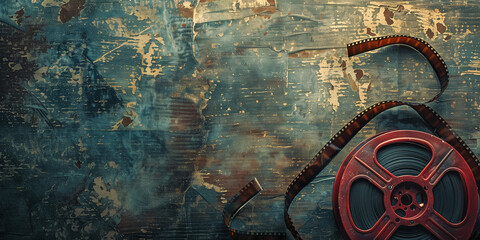 Film reel and strip on a textured, worn-out blue background.