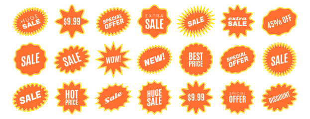 Yellow starbursts and promotional badges set . Orange round price stickers, sunburst promo tags, retro discount emblems. Sale star special offer stamps, advertising labels isolated on white background