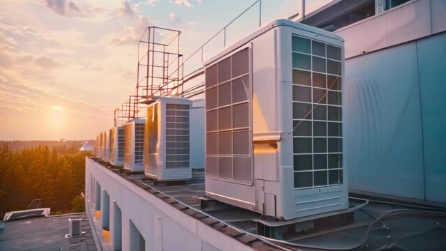 Industrial air conditioning units on building rooftop at sunset. 