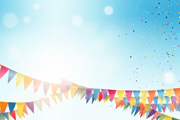 Foreground with sky blue background and colorful flags garland on top, confetti all around, sun shining in the background, party banner 