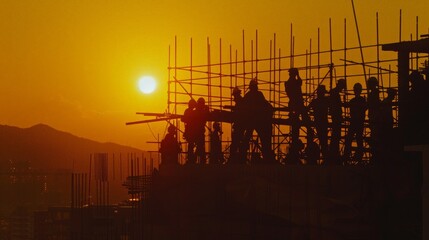 A group of construction workers silhouetted against a setting sun, the framework of an emerging building around them, illustrating the literal