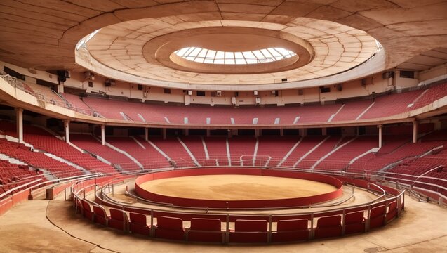 An empty bullring with red seats.

