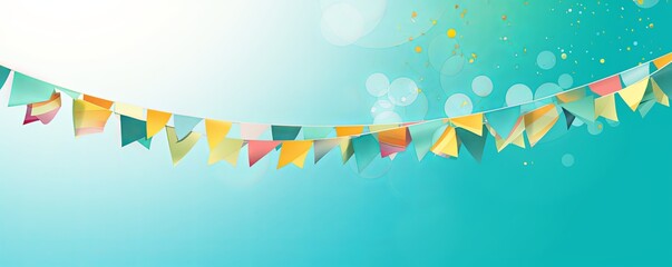 Foreground with turquoise background and colorful flags garland on top, confetti all around, sun shining in the background, party banner 