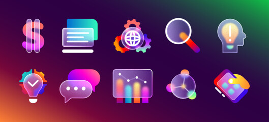 Glassmorphism matte ui icon set with blurred neon gradient for mobile app design. Transparent frosted glass morphism icons of business strategy, chart, web settings, money sign and search magnifier.