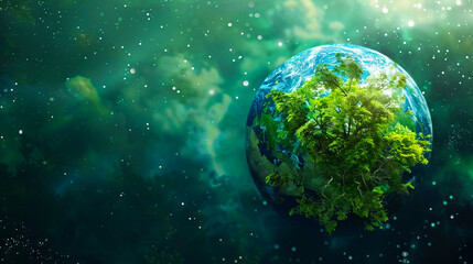 A green planet with trees growing on it.