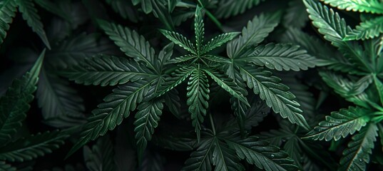 Fototapeta na wymiar Cannabis plants, leaves, banner, top view