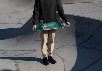 Mockup of skater holding customizable skateboard