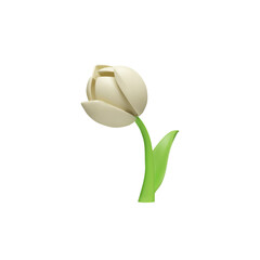 Tulip with leaves 3D realistic vector, plasticine texture beautiful white flower, single blossom plant for floral design