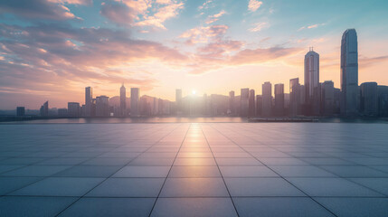Modern cityscape with empty floor at sunset
