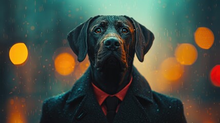 A businessman with a dog's head in a business suit and tie, wearing glasses on a blurred background. Wolf character