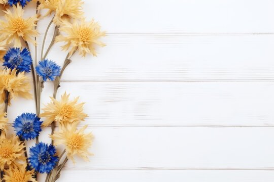 Beautiful gold cornflower flowers on a white wooden background, in a top view with copy space for text 