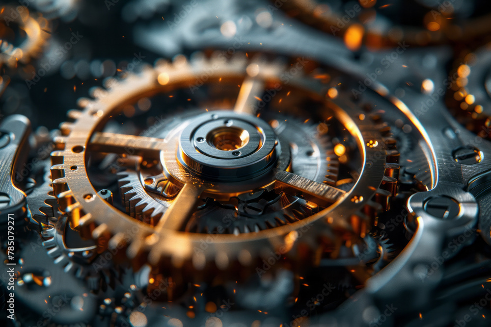 Poster a macro photograph of a watch gear, the intricate teeth interlocking with a precision that underpins