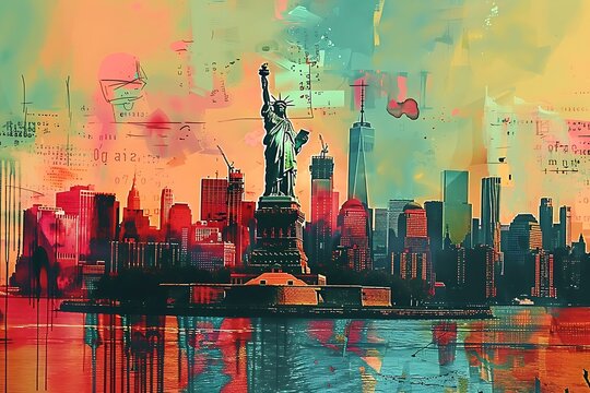 Double exposure of the Statue of Liberty and New York City in a modern minimalist collage style artwork.