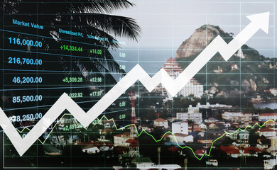 Stock financial index show successful growth investment data on travel business and tourism industry with graph,chart and arrow up on aerial blurry view of island resort background.