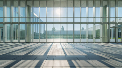 Modern glass building entrance with sunlight pattern