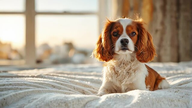 Cute Cavalier King Charles Spaniel dog sitting on the bed