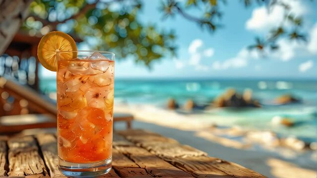 Fresh cold cocktail on tropical beach. Summer sea vacation and travel concept