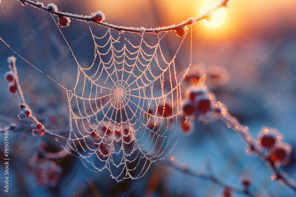 Poster A macro shot of frost on a spider's web in a cold morning, each intersection of the web hosting a pe