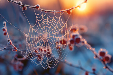 A macro shot of frost on a spider's web in a cold morning, each intersection of the web hosting a pe