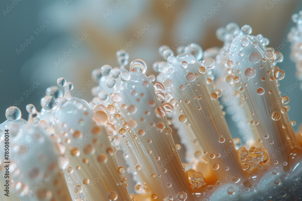 Poster a macro shot of the bristles of a toothbrush, each bristle tipped with tiny droplets of toothpaste,