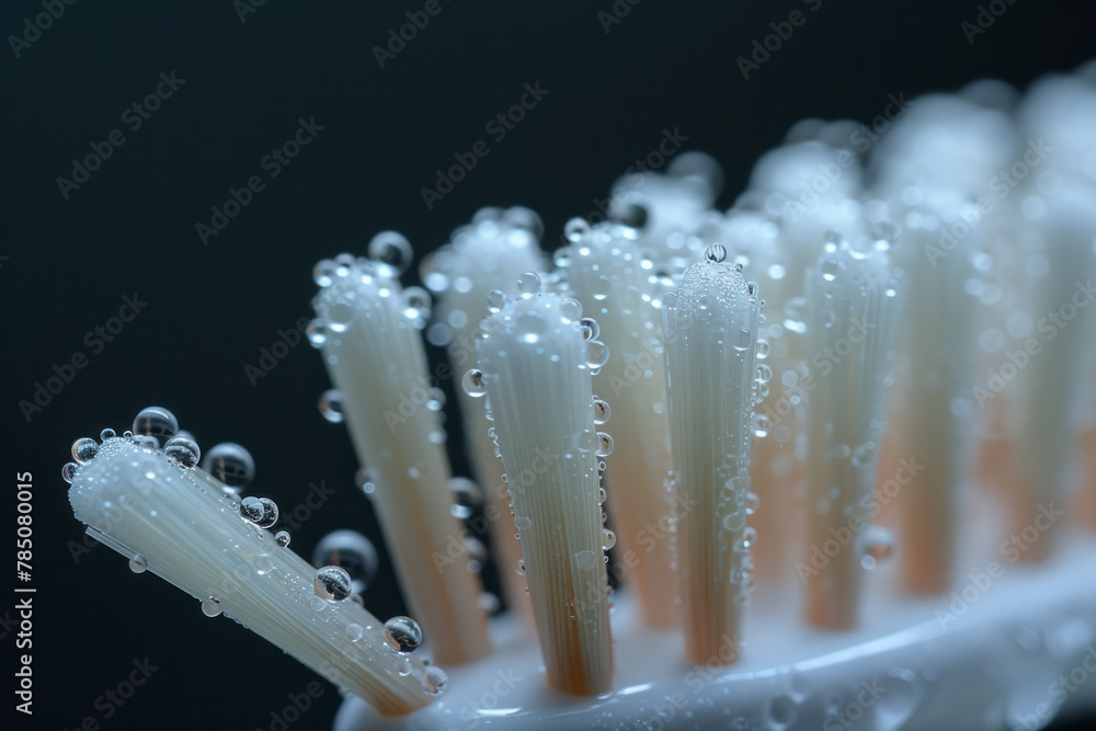 Poster a macro shot of the bristles of a toothbrush, each bristle tipped with tiny droplets of toothpaste,