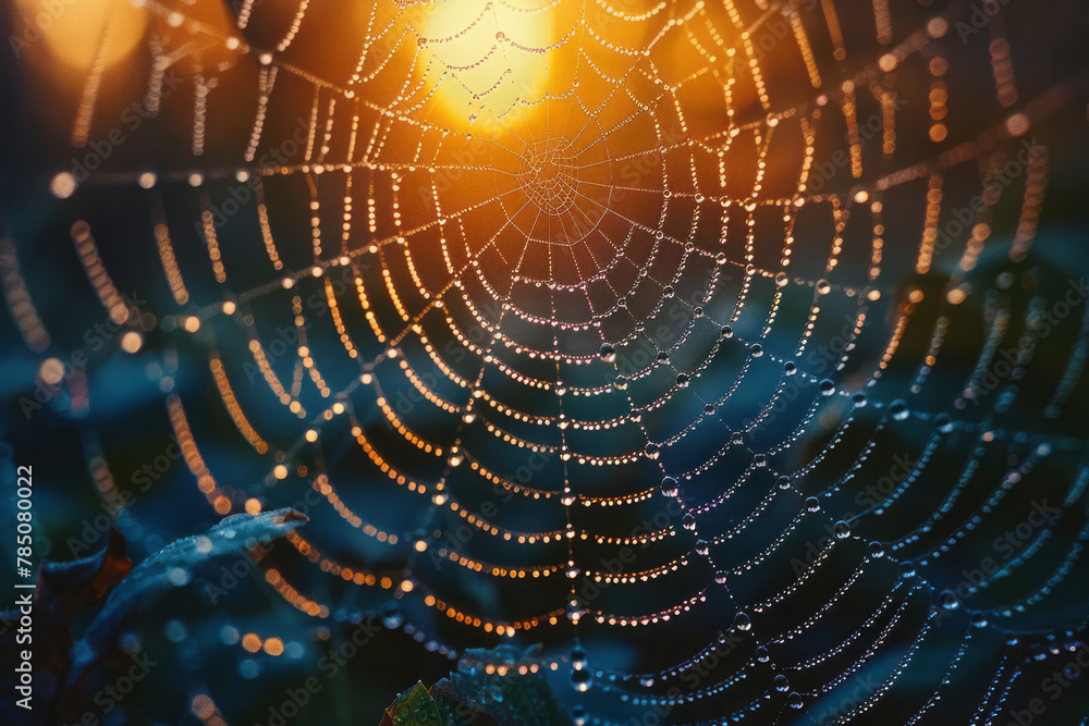 Poster a close-up of dewdrops on a spiderweb at dawn, each droplet catching the light and sparkling like a