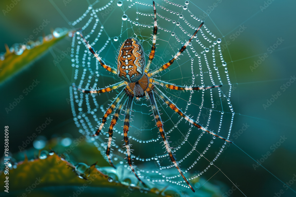 Poster a photograph of a large, intricate web after a misty morning, the structure so laden with dew it sag