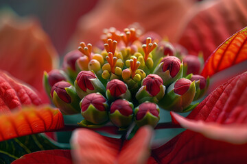A macro shot of the bracts that surround a poinsettiaâ€™s tiny true flowers, the vibrant reds and gr - obrazy, fototapety, plakaty