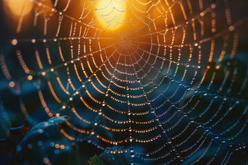 A close-up of dewdrops on a spiderweb at dawn, each droplet catching the light and sparkling like a