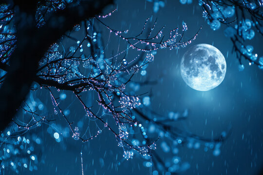 A nighttime shot of a web with dewdrops under the moonlight, the droplets glowing softly, each a lun