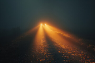 A photograph of headlights shining through a foggy night, the beams visually tangible as they cut th - obrazy, fototapety, plakaty