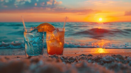 Two glasses with cocktails on the beach on sunset