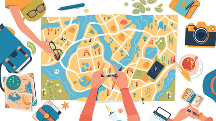 Hands of people couple pointing at map planning vacati