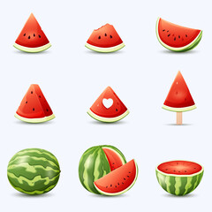 Watermelon vector illustration. Watermelon, whole, sliced, halves, slices, quarters, piece with bite and heart. Colored illustration in сartoon style 