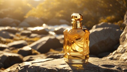A bottle of perfume on some rocks near the ocean.

 - obrazy, fototapety, plakaty
