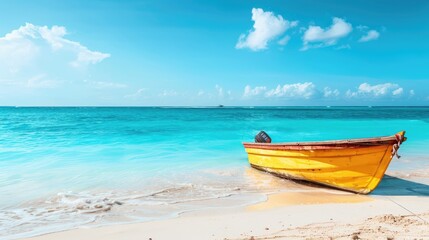 Fototapeta premium Small boat is dry docked, withdrawn at the beach, coastline.