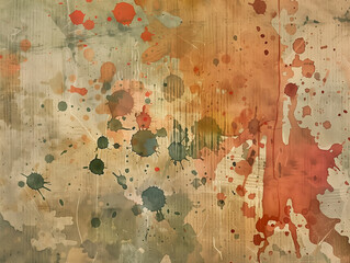Abstract painting with splattered paint drops and streaks in muted tones of red, green, brown, and beige on textured background.