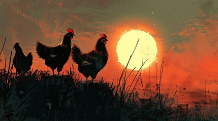 Chicken at sunset. Generative AI