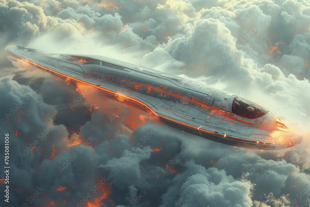 Poster a portrayal of a spaceship that morphs its shape to blend with cosmic environments, hiding from pote