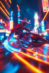 Sorcerer on a hoverbike, neon city blur, night, wide shot, fusion of magic and future tech - obrazy, fototapety, plakaty