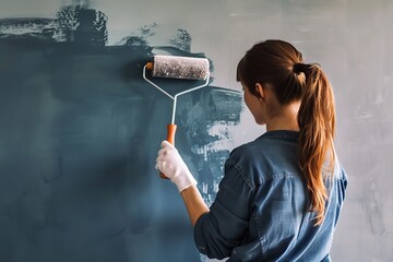 Back view of woman with paint roller painting white wall to dark blue color. Navy colour. Repair in apartment, renovation. Beautiful female paints a room indoors in new house. Home decoration concept