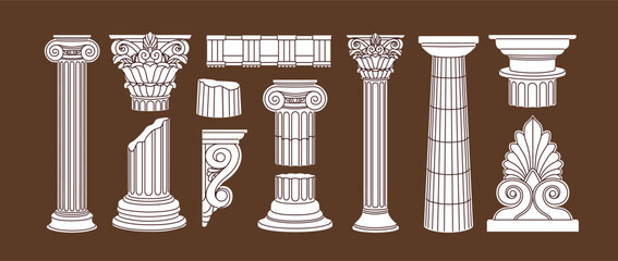 Antique Greek and Roman pillars set. Ancient classic architecture elements, decorations. Architectural vintage style columns, pedestals, historic structures of antiquity. Isolated vector illustrations